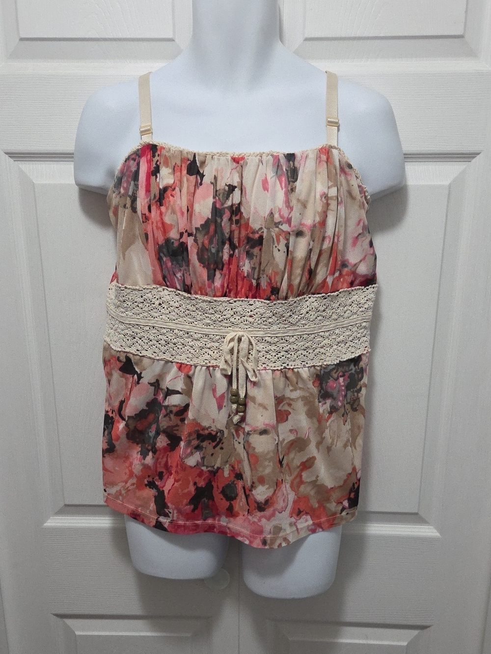 torrid 2 Beige and Pink Floral Crochet-Waist Camisole